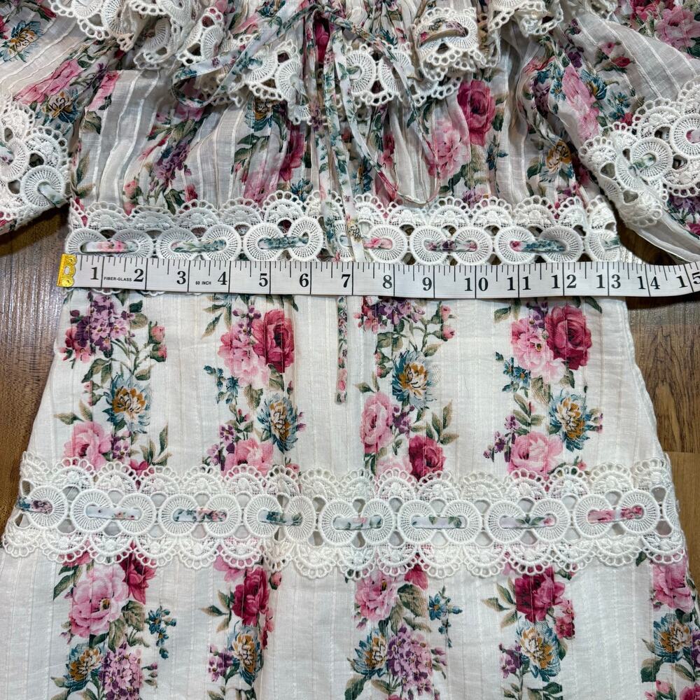 Zimmerman Honour Pintuck Panel Crochet Trim Pink Floral Off Shoulder Mini Dress - Picture 6 of 9